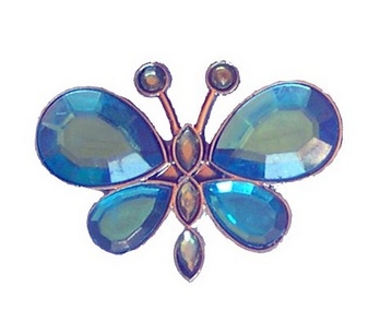 Papillon BLEU métal et strass, Aimantée au dos